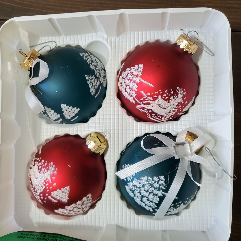 Krebs Mercury Glass Ornaments 4 Dark Green Red Glitter Trees Deer 3" Christmas